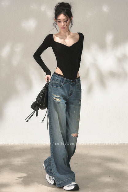 Lace Distressed Wide-Leg Jeans