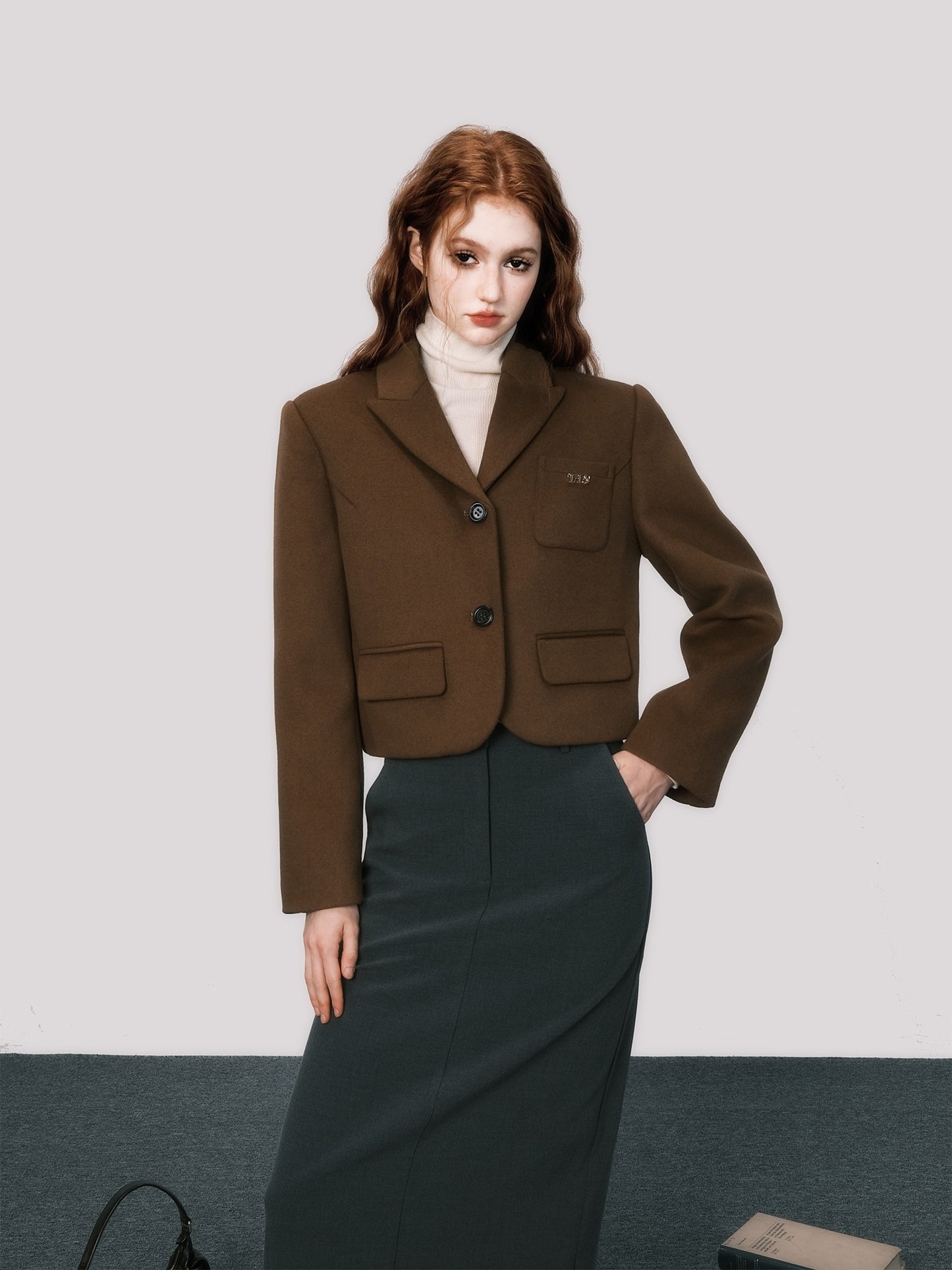 Maillard vintage brown cropped wool blazer coat