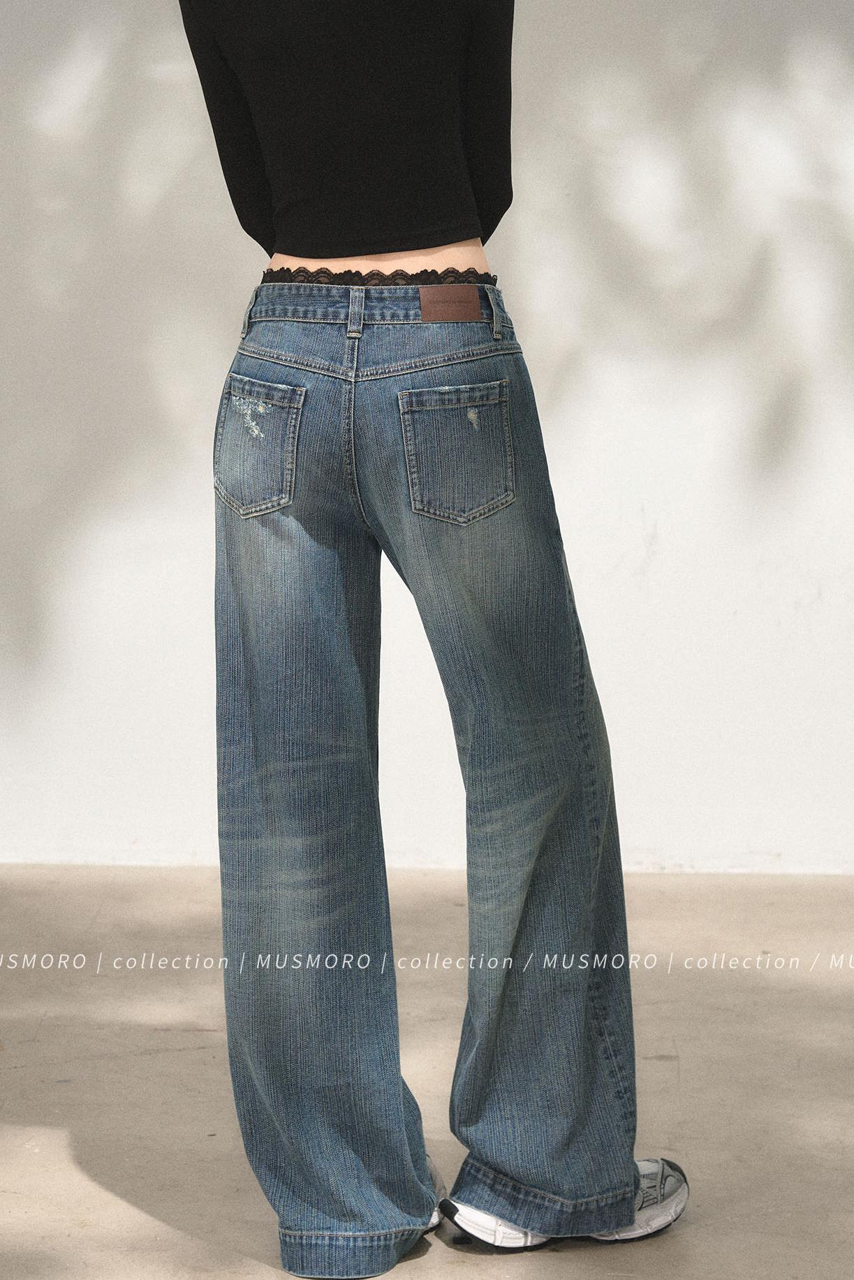 Lace Distressed Wide-Leg Jeans