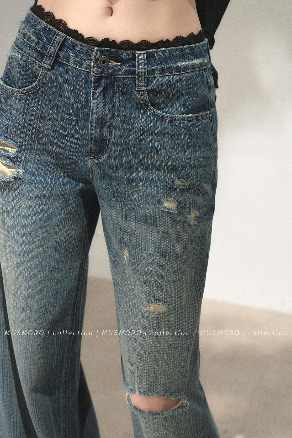 Lace Distressed Wide-Leg Jeans