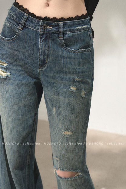 Lace Distressed Wide-Leg Jeans