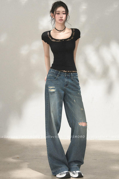 Lace Distressed Wide-Leg Jeans