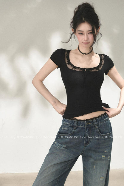 Lace Distressed Wide-Leg Jeans