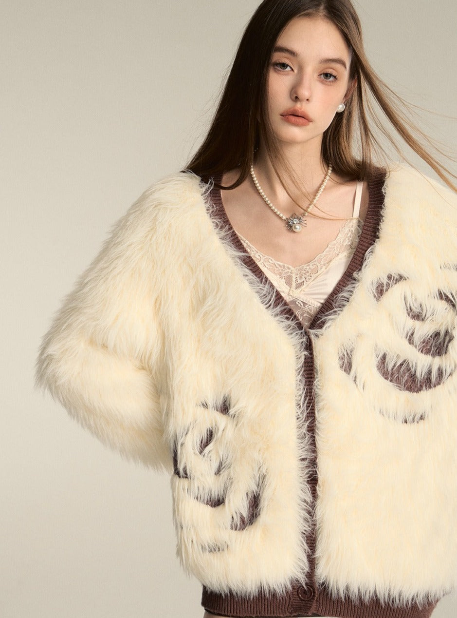 V-Neck Knitted Eco-Fur Lazy Jacket