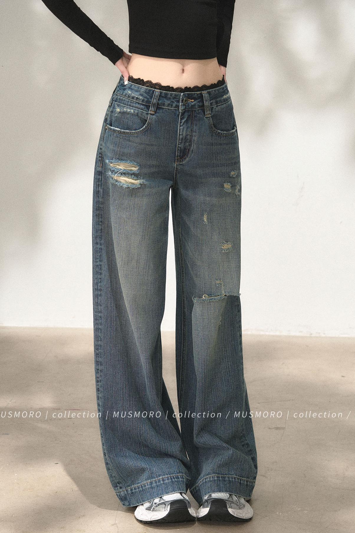 Lace Distressed Wide-Leg Jeans
