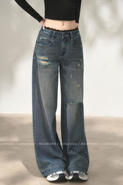 Lace Distressed Wide-Leg Jeans