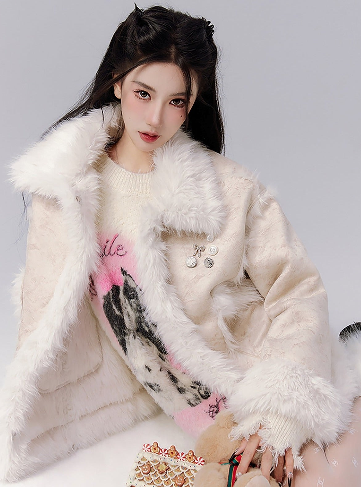 Fur Integrated Coat With Pleated Skirt Set