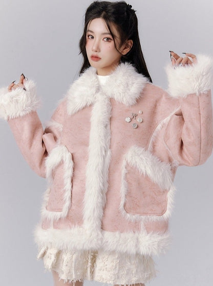 Fur Integrated Coat With Pleated Skirt Set