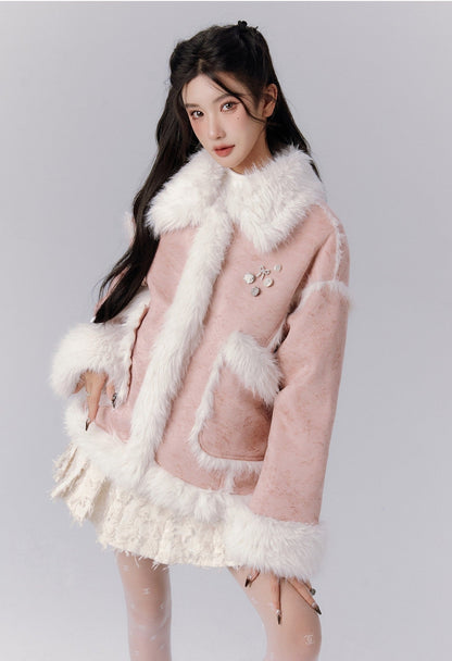 Fur Integrated Coat With Pleated Skirt Set