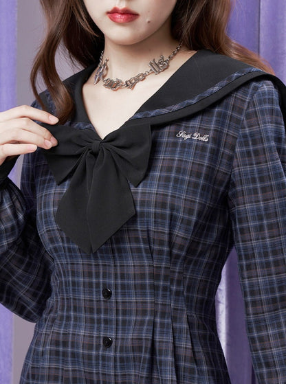 navy collar balloon sleeve plaid dress