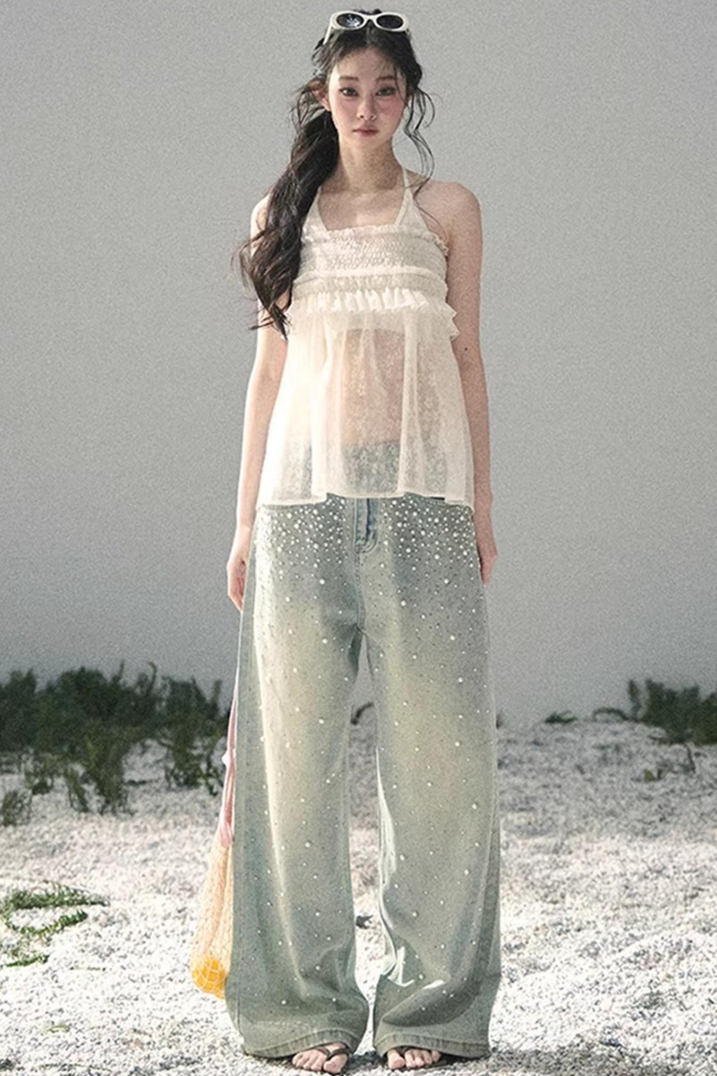 Sheer Lace Floral Top Set