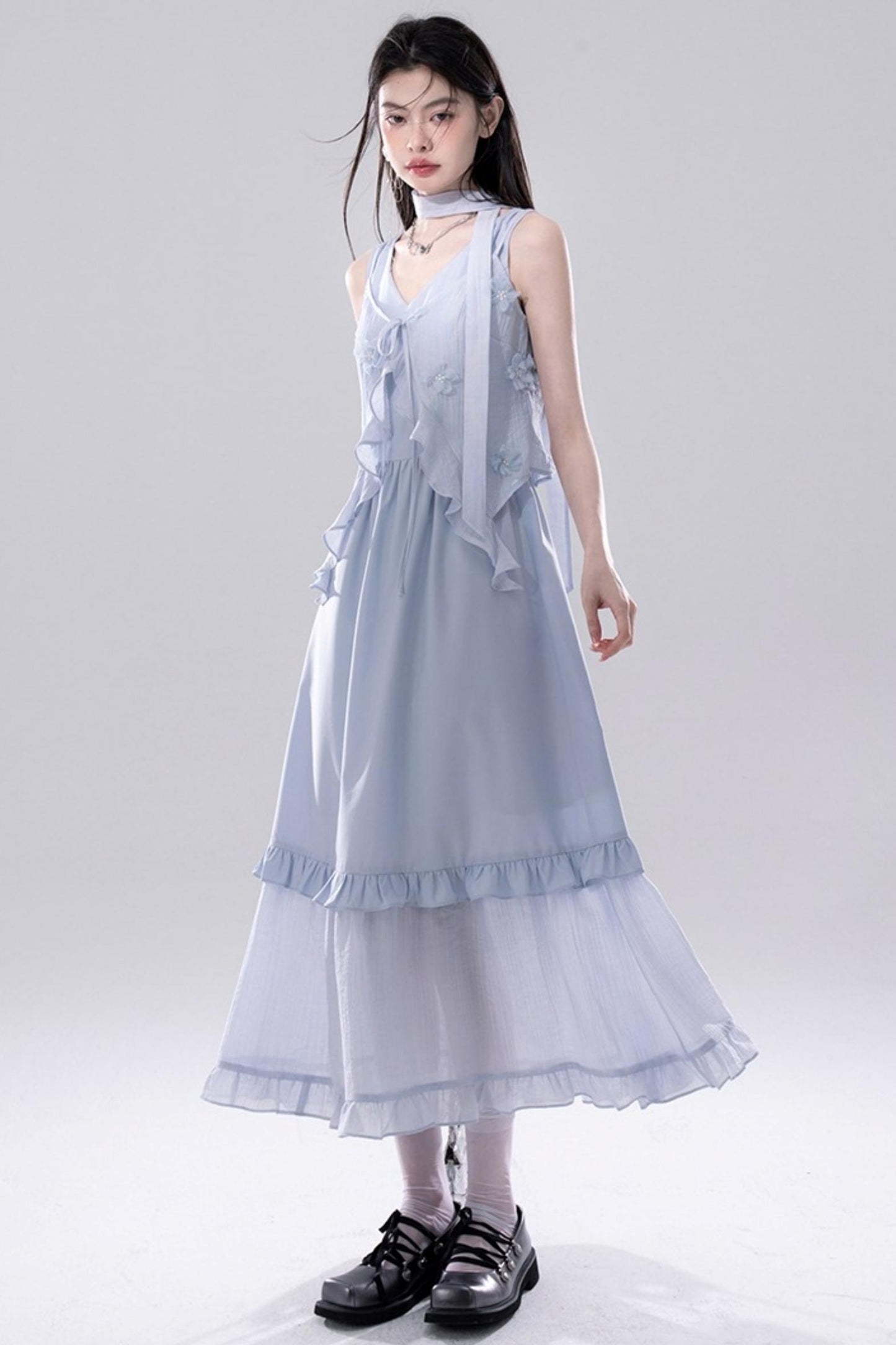 Romantic Blue Flower Cardigan Skirt Set