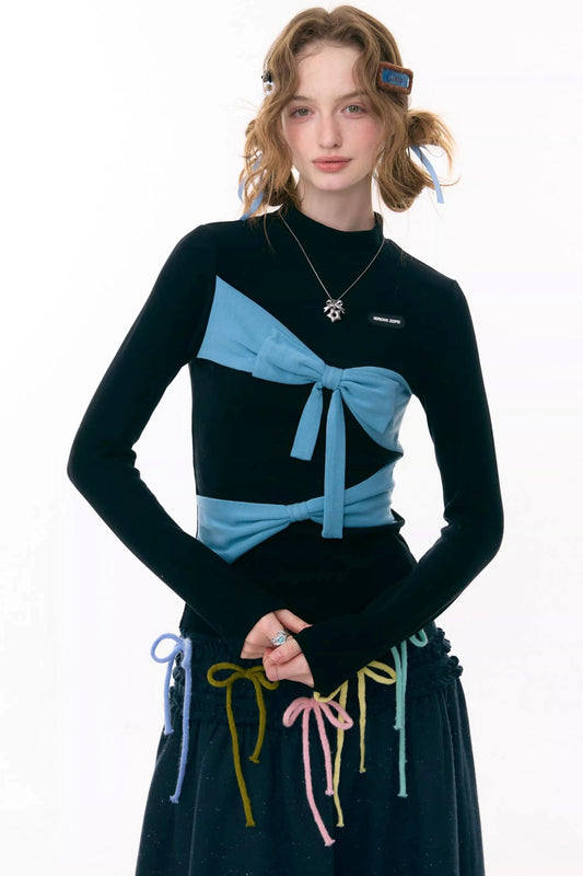 Retro Contrast Bow Knit Top