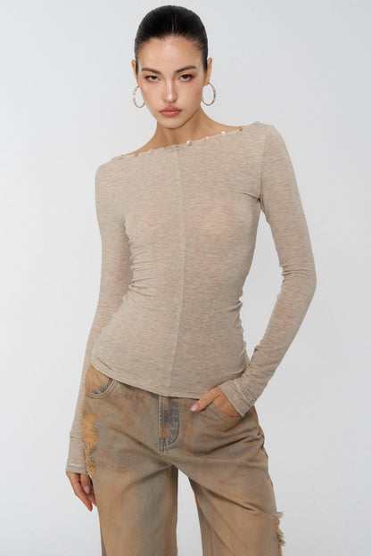 Diamond Khaki V-Neck One-Shoulder Top