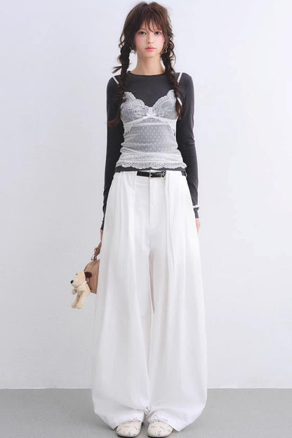 White Pleated Wide-Leg Pants Set-Up