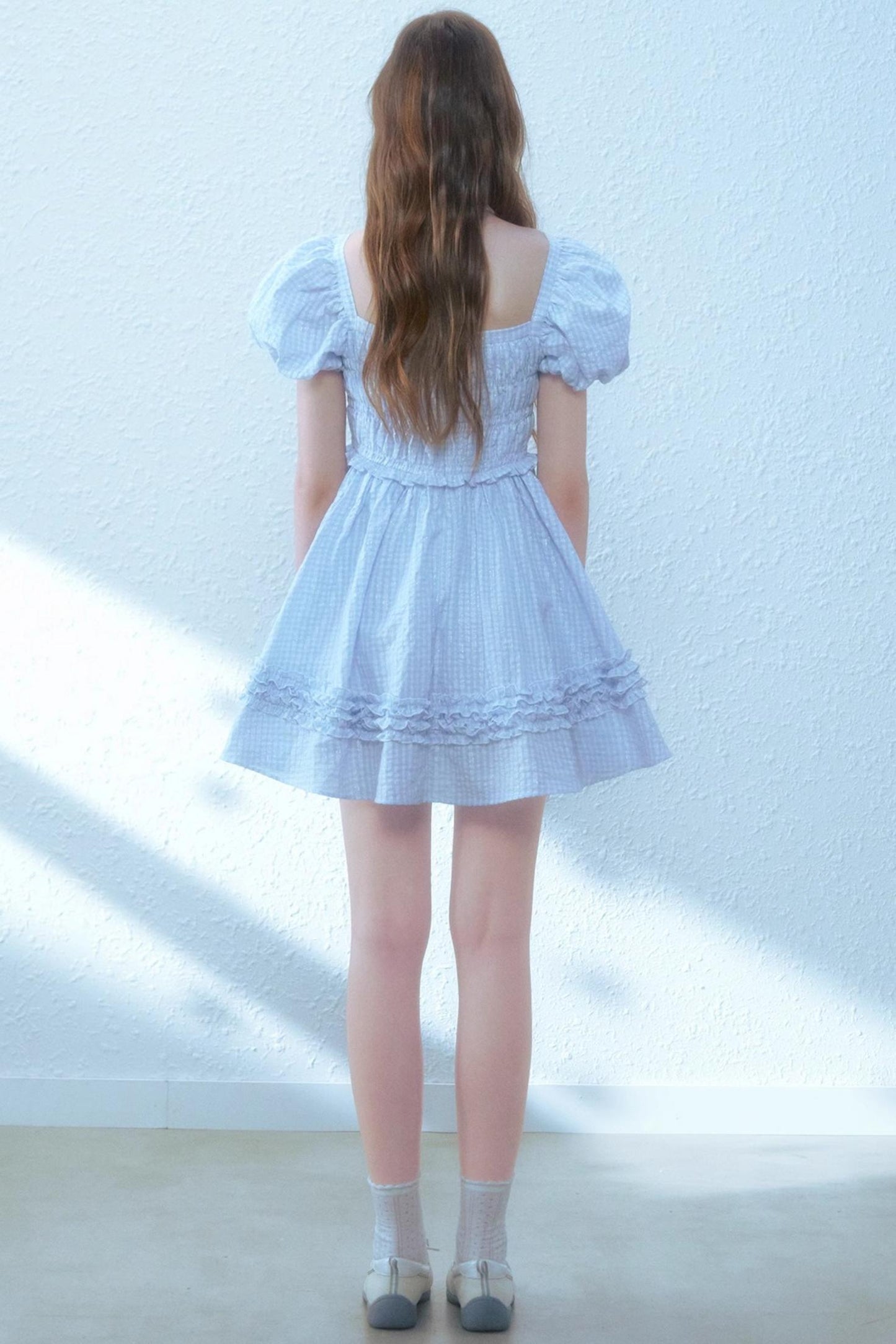 Blue Plaid Bubble Sleeves Dress