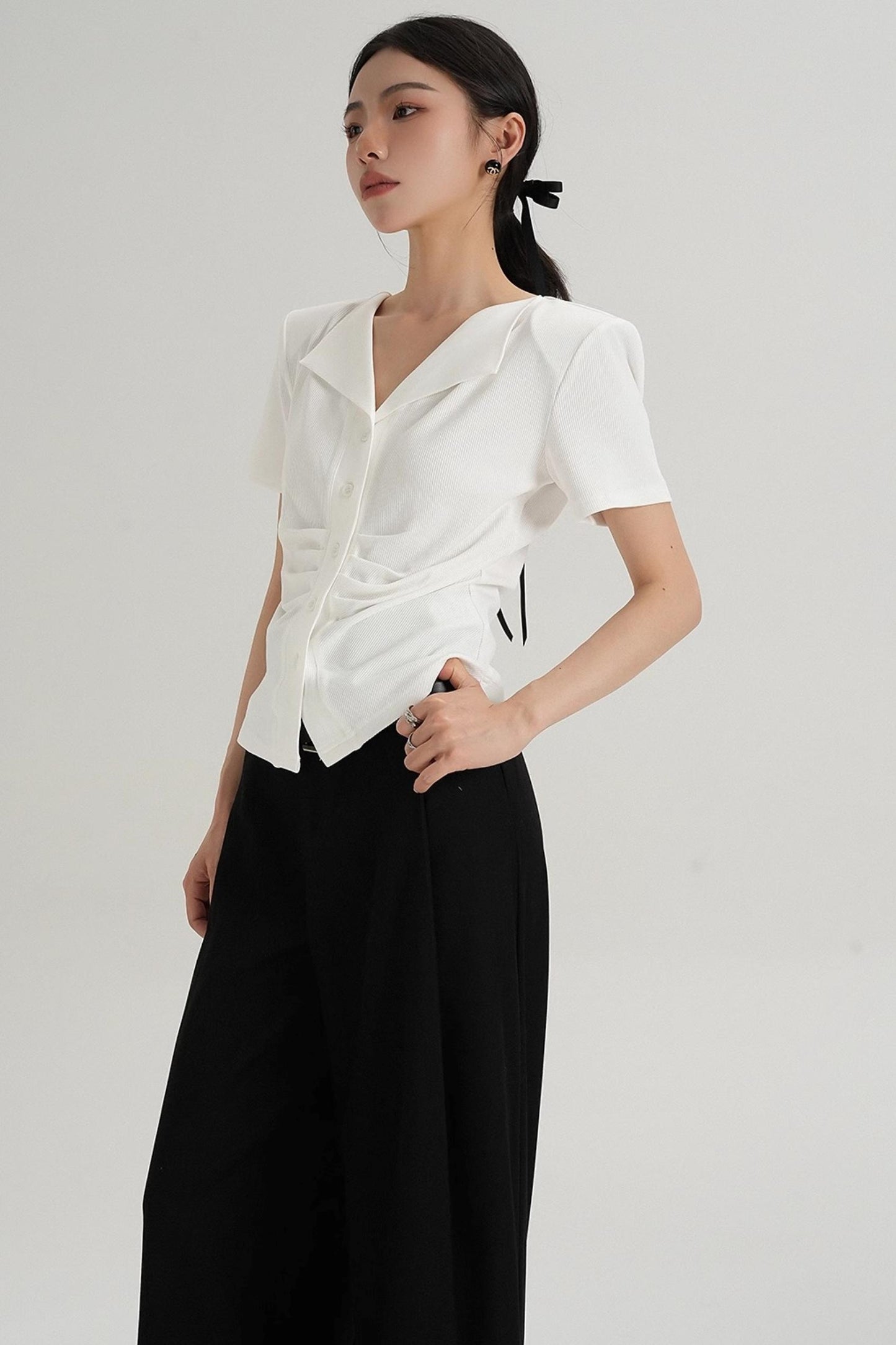 Pleated V-Neck Blouse