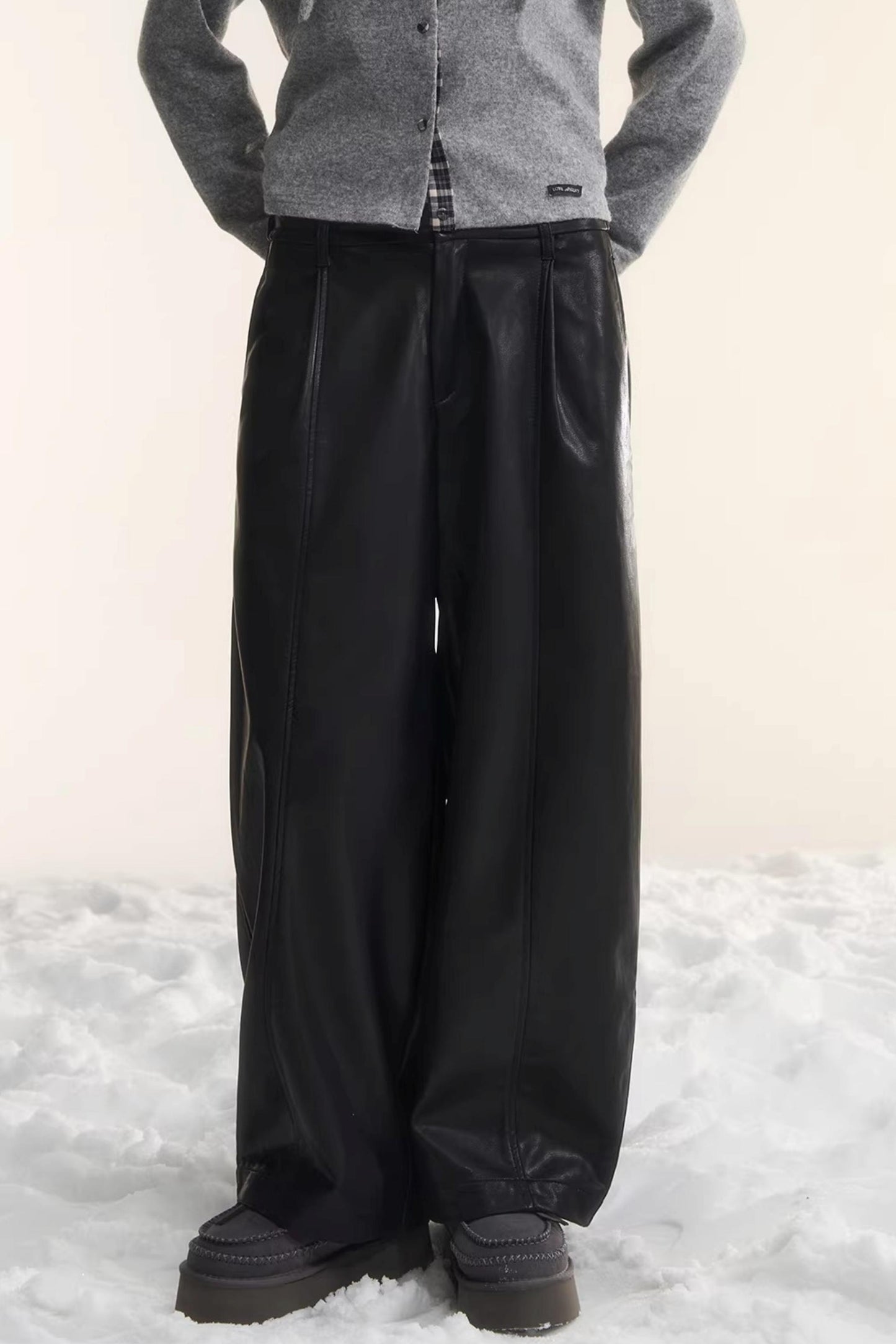 Elastic Waist Black Leather Pants