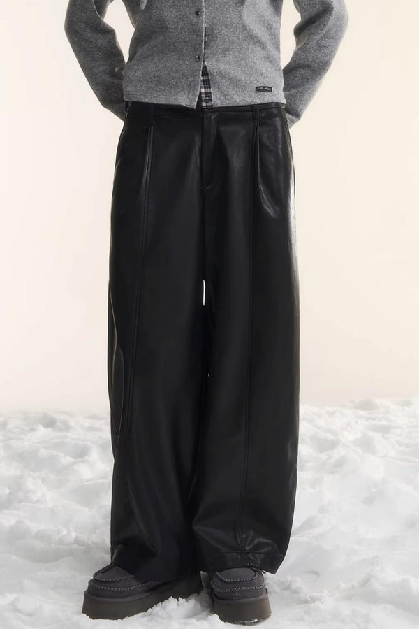Elastic Waist Black Leather Pants