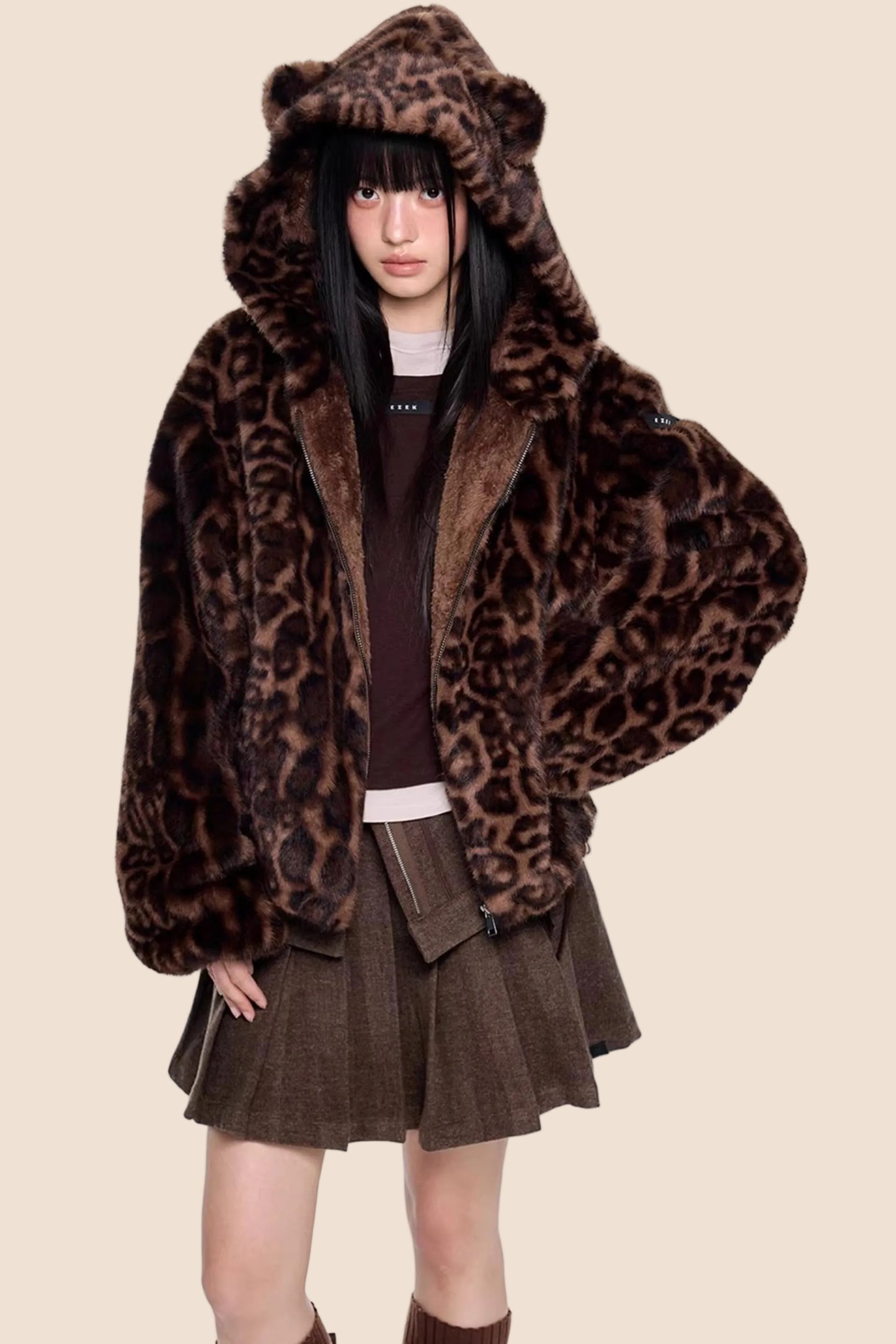 Leopard Print Hooded Furry Cotton Jacket