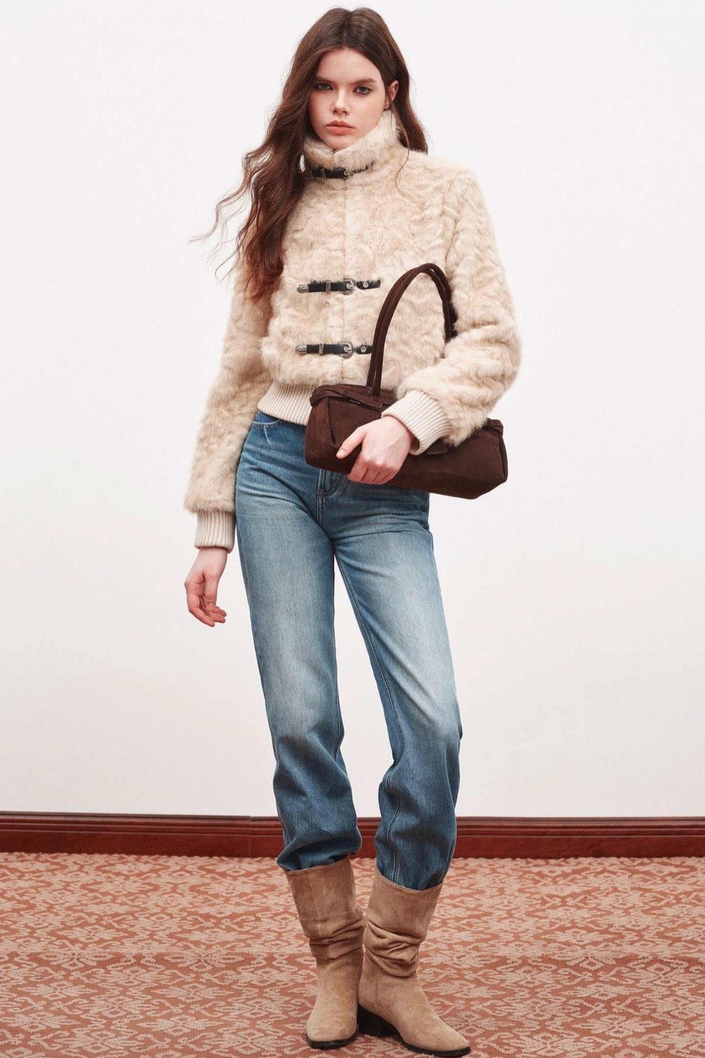 Leather Stand-Up Collar Woolen Short Jacket