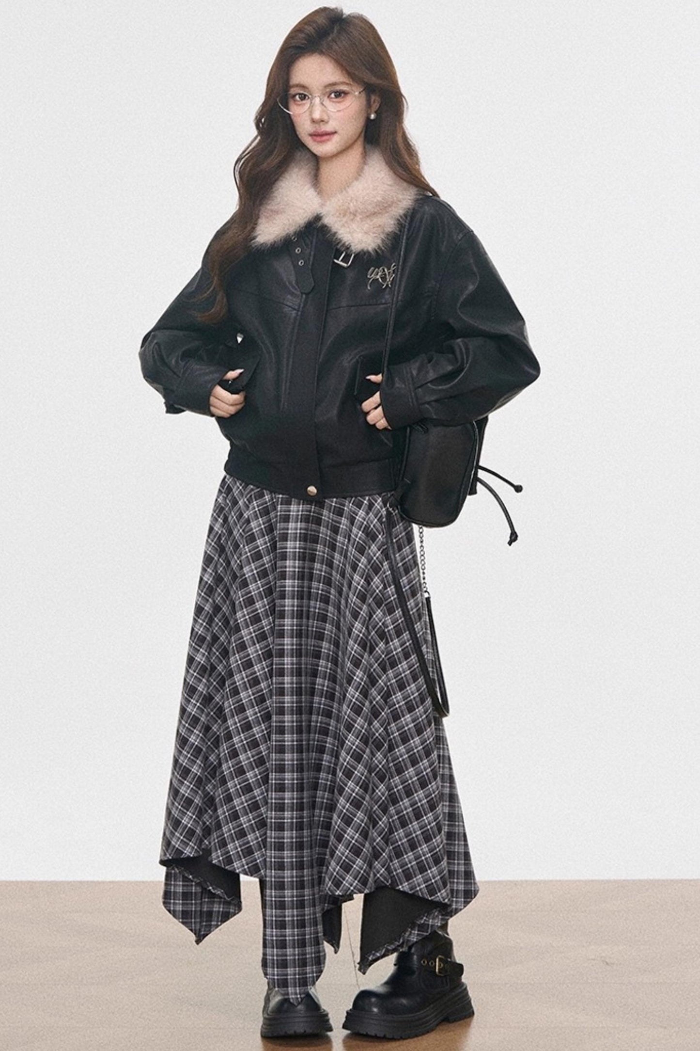 Black Leather Fur Collar Jacket Set-Up