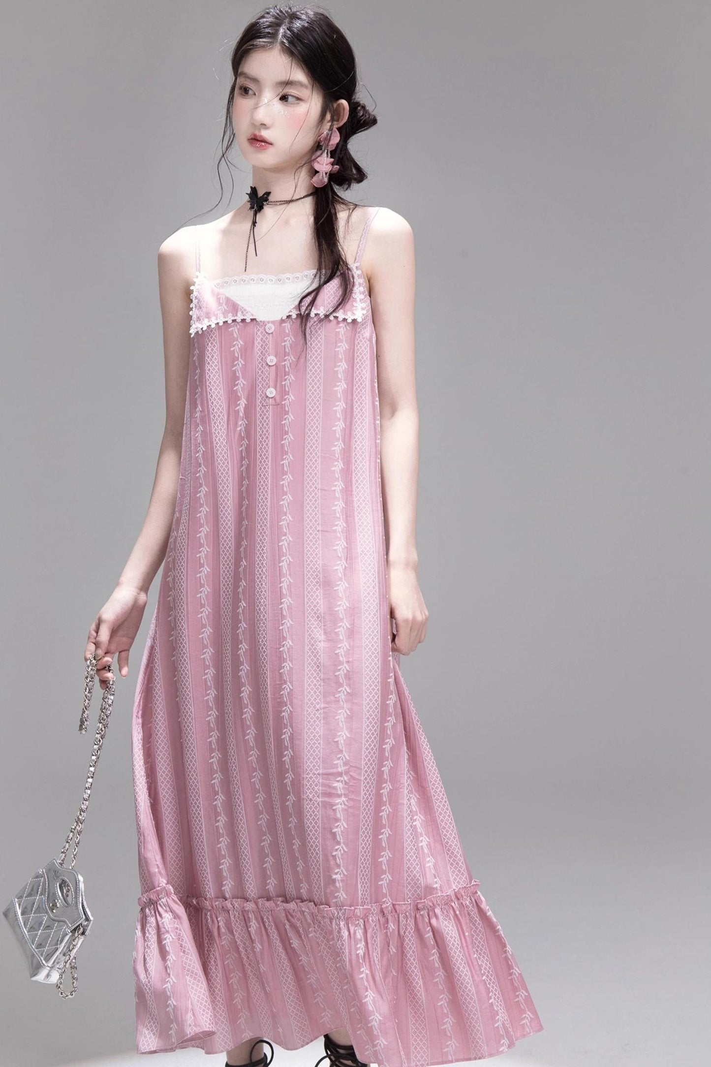 Peach Blossom Lace Suspenders Dress