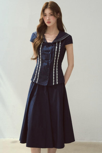 Navy Collar Skirt Suit Set-Up