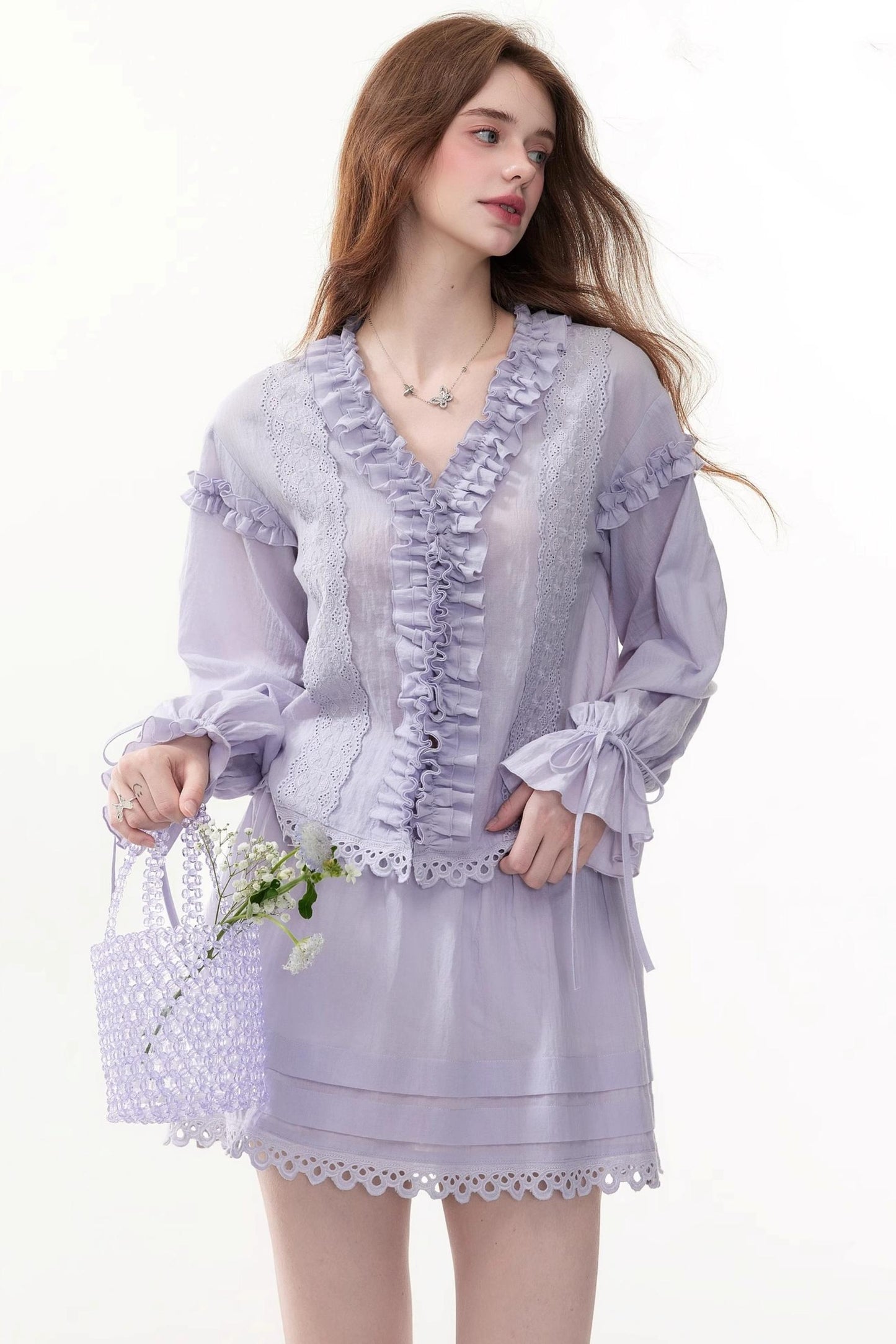 Chic Bubble Sleeve Shirt & Skirt Set-Up