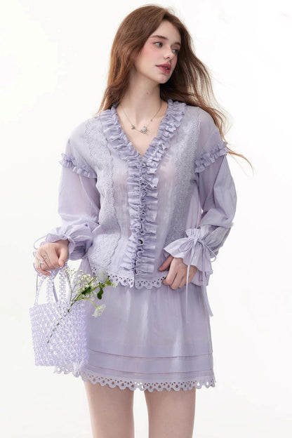 Chic Bubble Sleeve Shirt & Skirt Set-Up