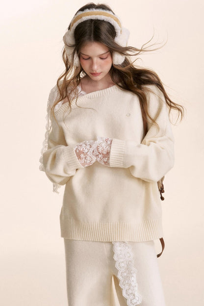 Romantic Lace Wool Sweater Set-Up