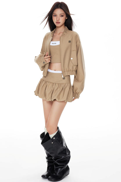 Khaki Cropped Jacket Skirt Set-Up