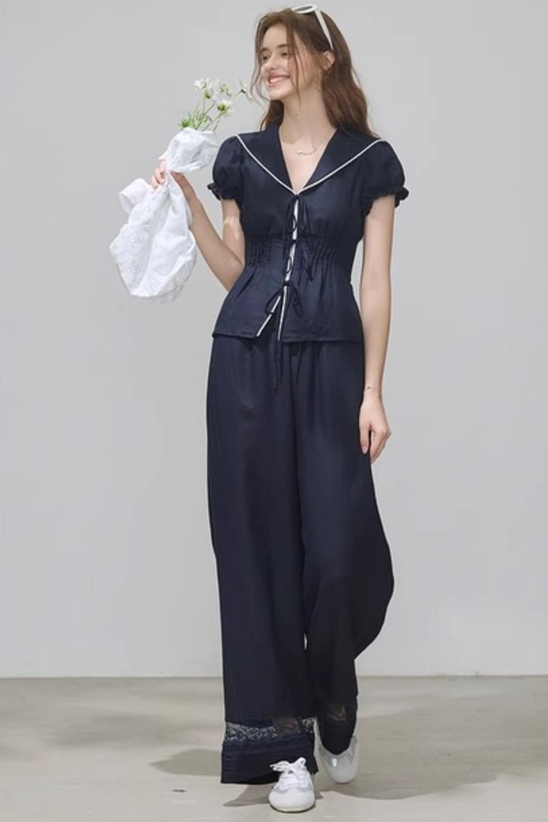 Navy Linen Pants Set-Up