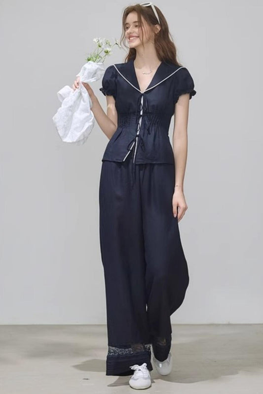 Navy Linen Pants Set-Up