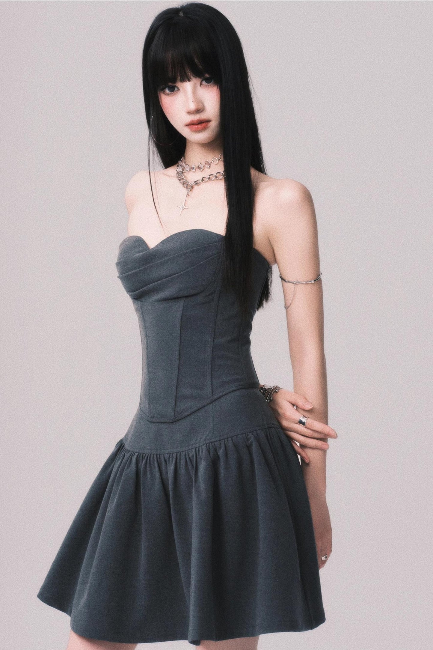 Gray Fishbone Waist Top Bustier Skirt Set-Up