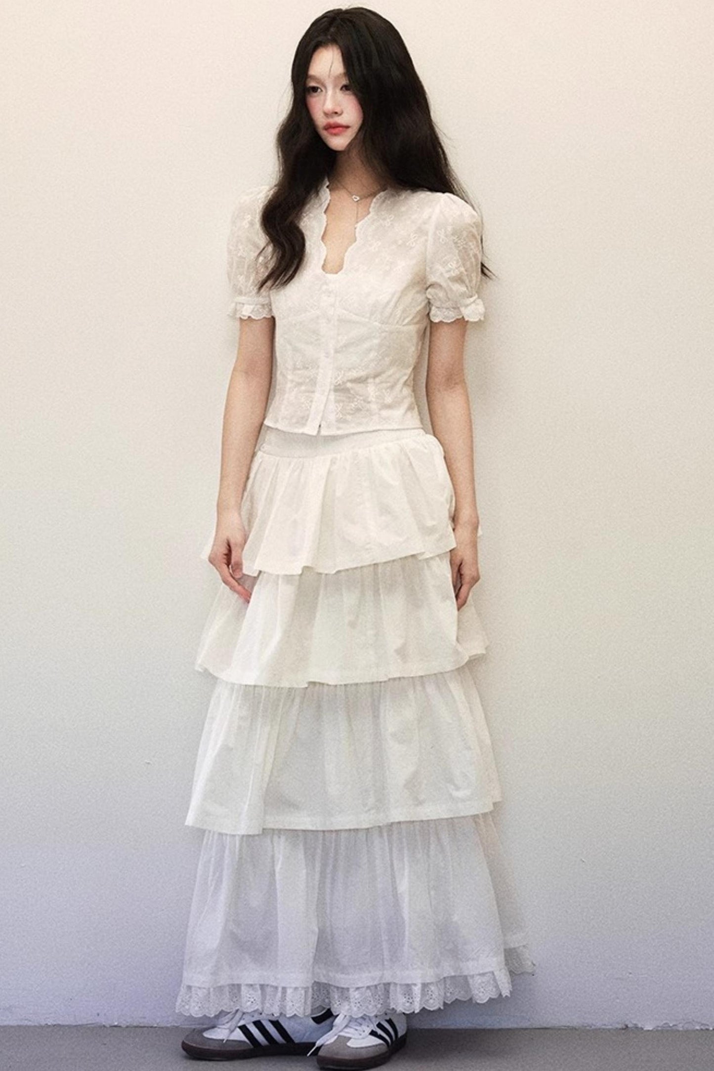 White Tiered Shirt Skirt Set-Up