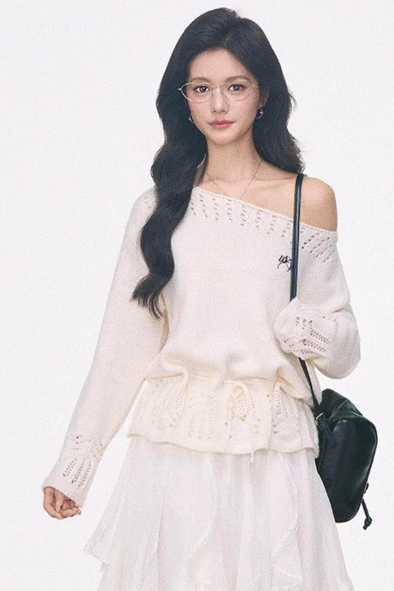 Off-Shoulder Lace-Up Sweater And Ruffled Skirt Set-Up
