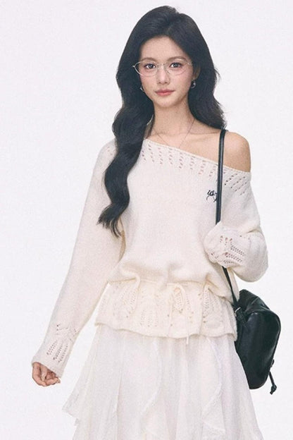 Off-Shoulder Lace-Up Sweater And Ruffled Skirt Set-Up