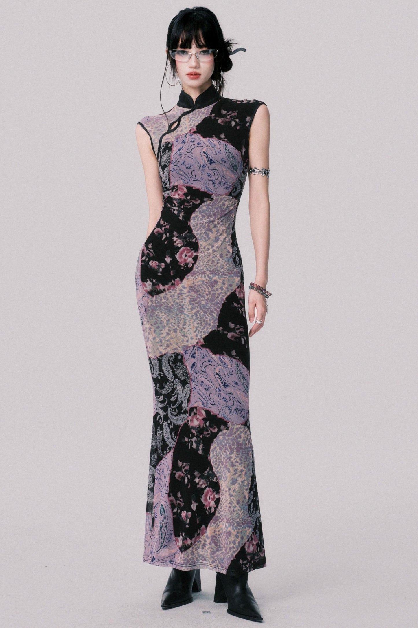 Smokey Purple Color-Block Cheongsam Dress