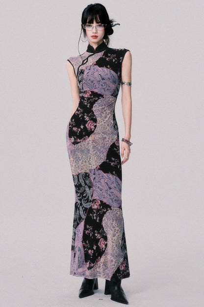 Smokey Purple Color-Block Cheongsam Dress