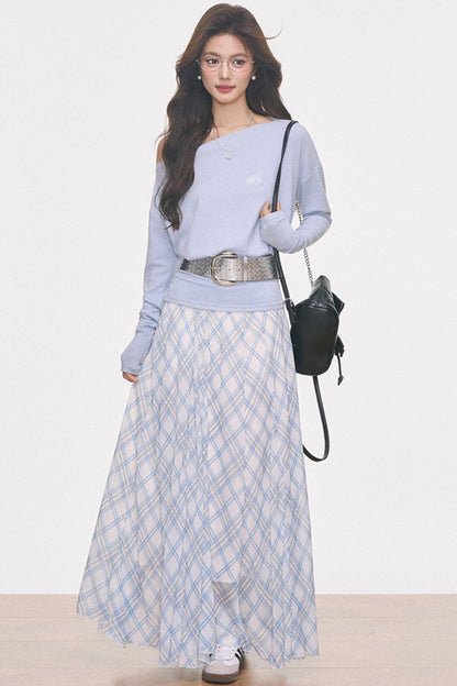 Knitted Off-Shoulder Top and Plaid Skirt Set-Up