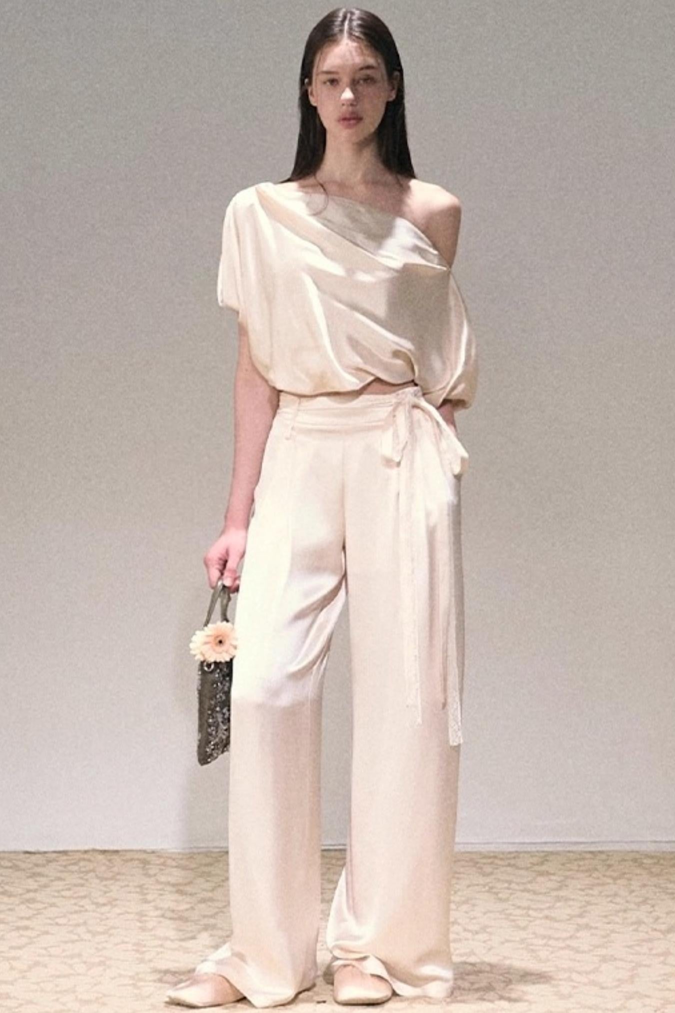 Acetate Bud Slanted Shoulder Top & Pants Set-Up