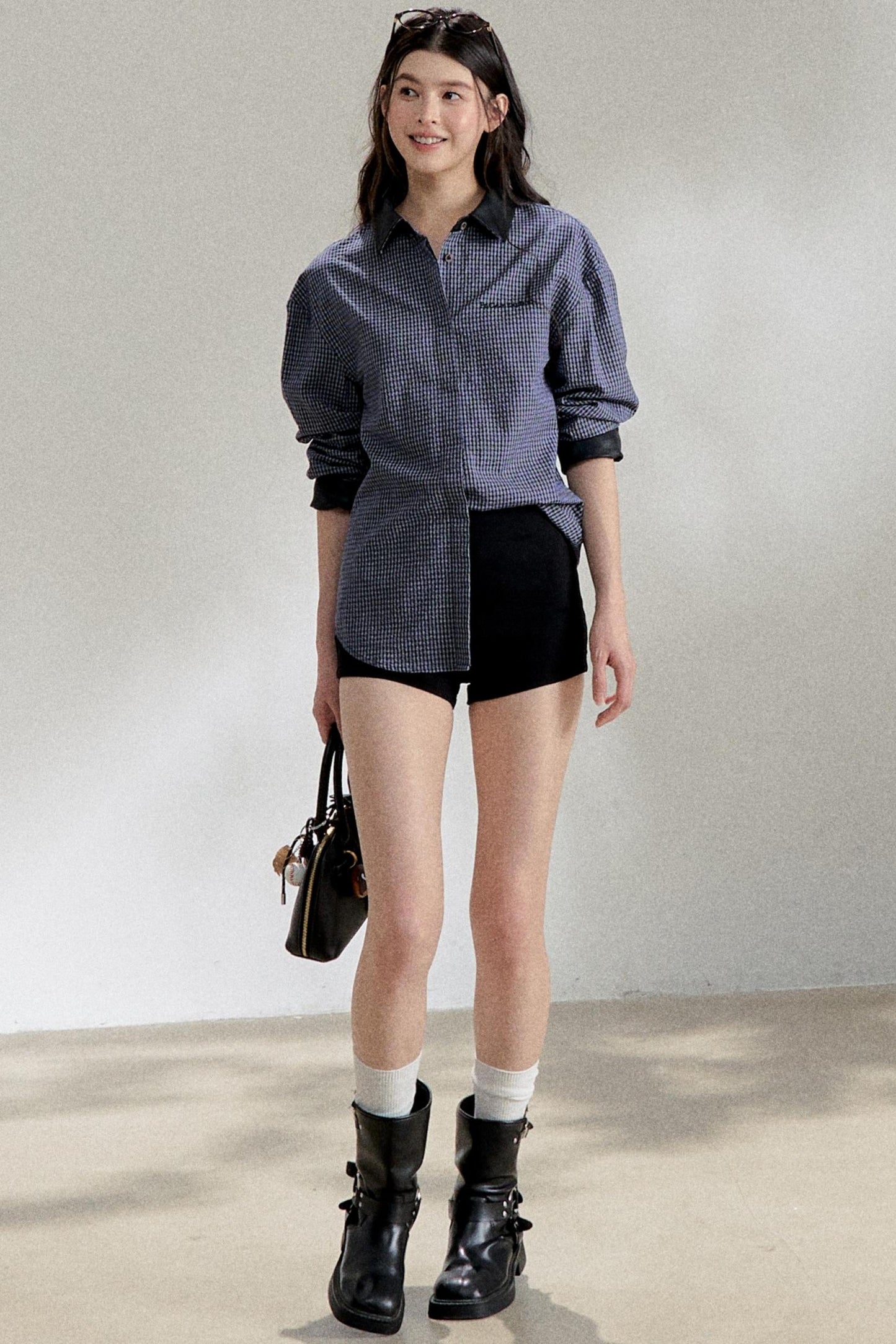 Navy Blue PU Leather Plaid Shirt