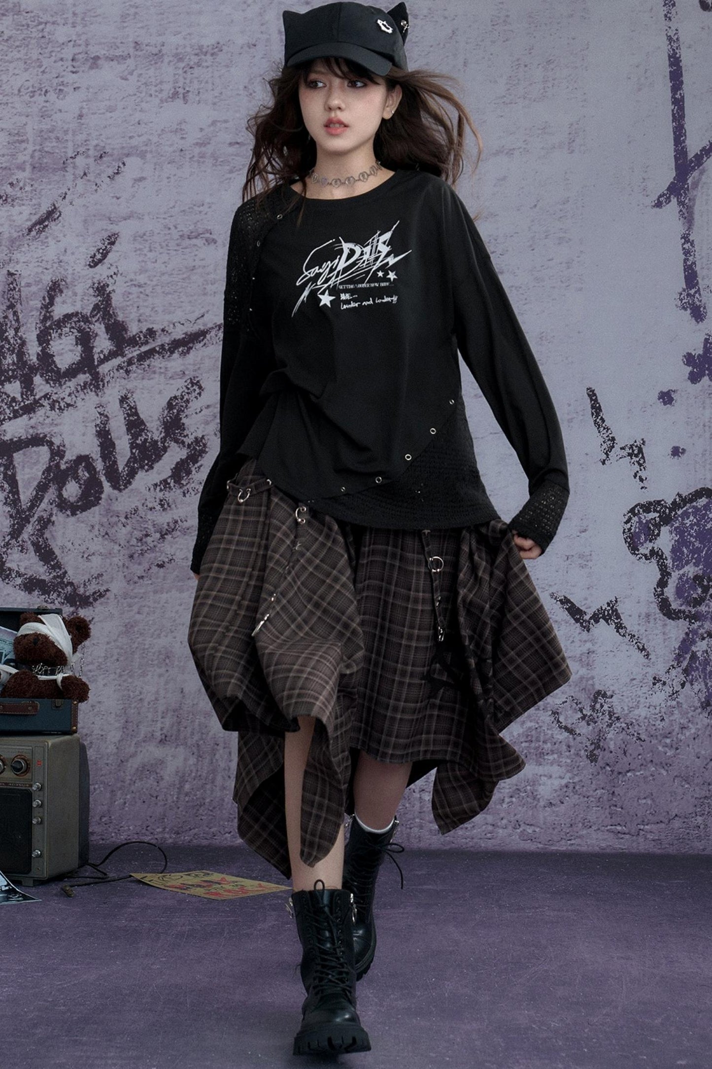 Fighting Spirit Street Brown Plaid Long Skirt