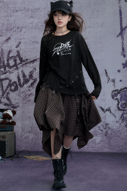 Fighting Spirit Street Brown Plaid Long Skirt