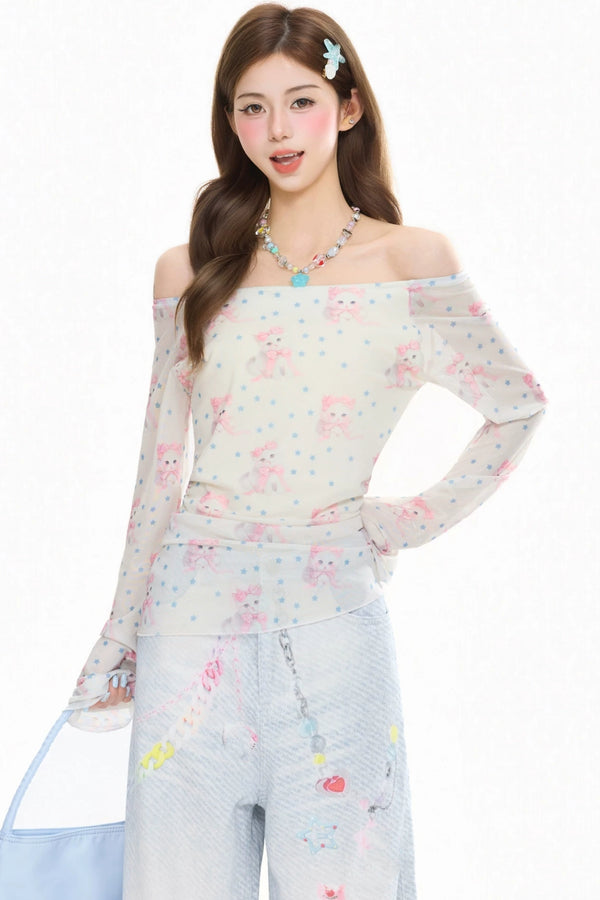 Polka Dot Cat Print Blouse