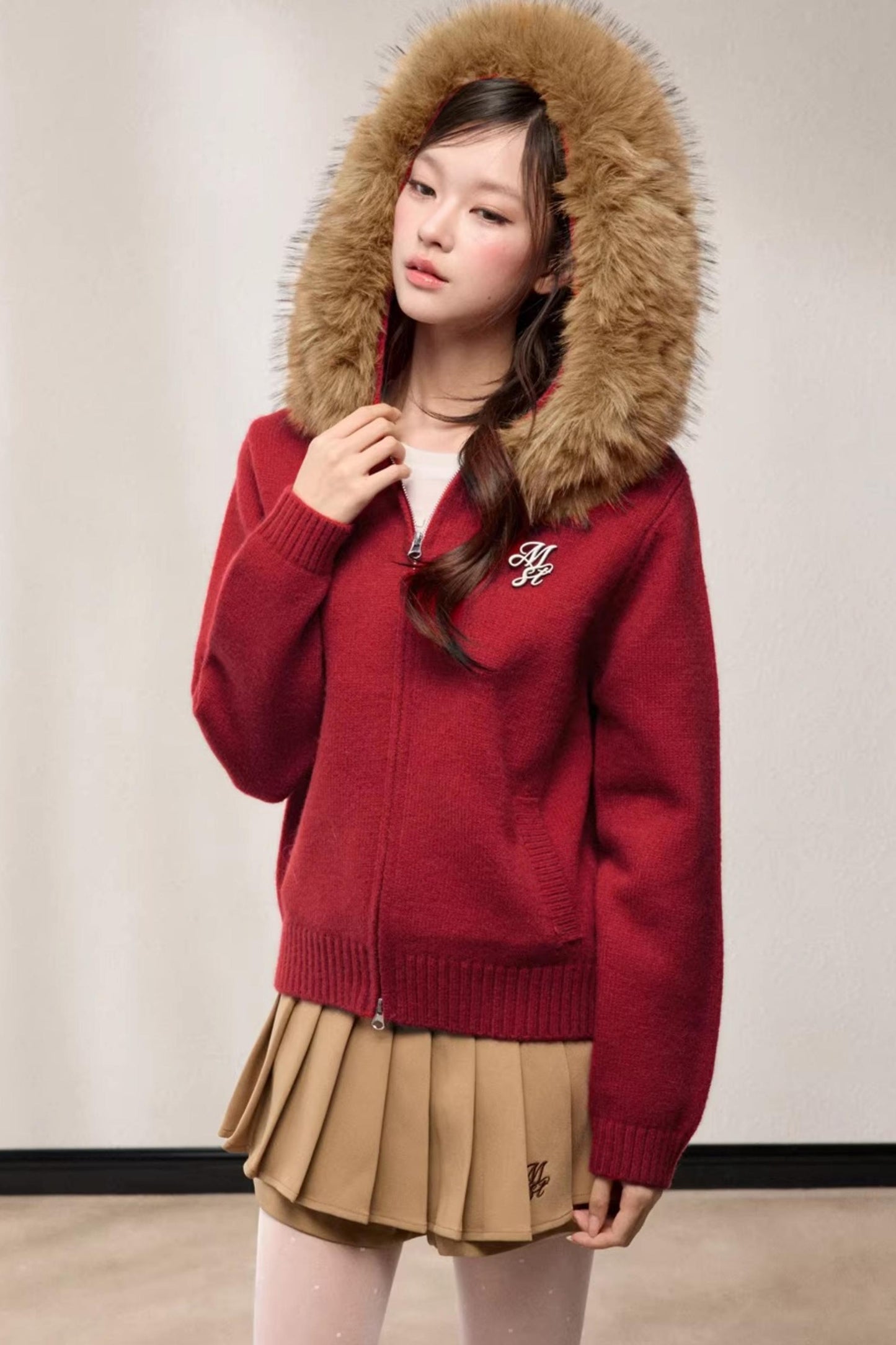Fur Collar Hooded Knit Cardigan