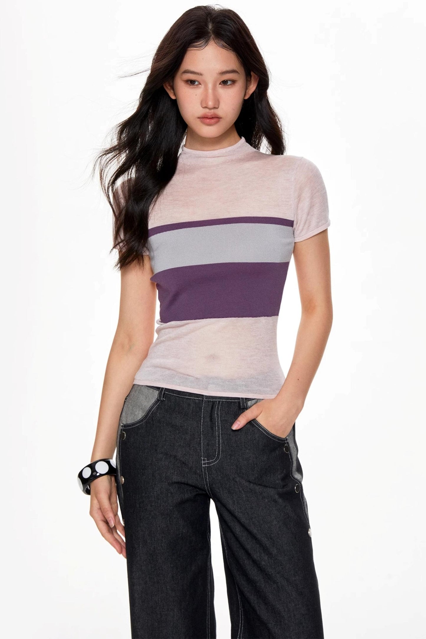 Color Collision High Neck Slim Top