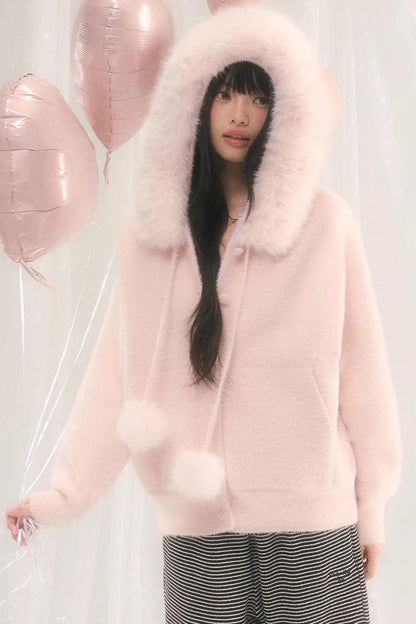 Pink Korean Fur Hooded Jacket
