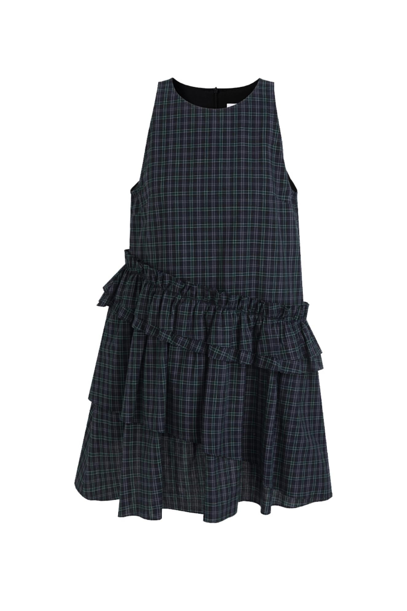 Irregular Plaid Ruffled Vest Dress